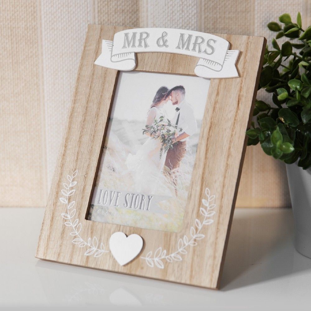 Fa Mr & Mrs feliratú álló fotókeret, fényképtartó